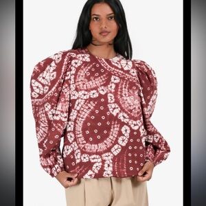 Ulla Johnson Red/White Cotton Tie Dye Puff Sleeve Top 2 boho casual fall $269